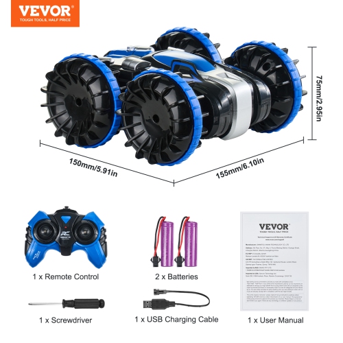 VEVOR Amphibious Remote Control Car Boat, 2.4GHz 12 km/h, 4WD Waterproof RC Car for Kids, 360° Rotating Stunt Car with 2 Batteries, All Terrain Beach