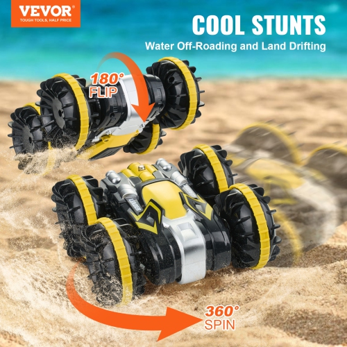 VEVOR Amphibious Remote Control Car Boat, 2.4GHz 12 km/h, 4WD Waterproof RC Car for Kids, 360° Rotating Stunt Car with 2 Batteries, All Terrain Beach