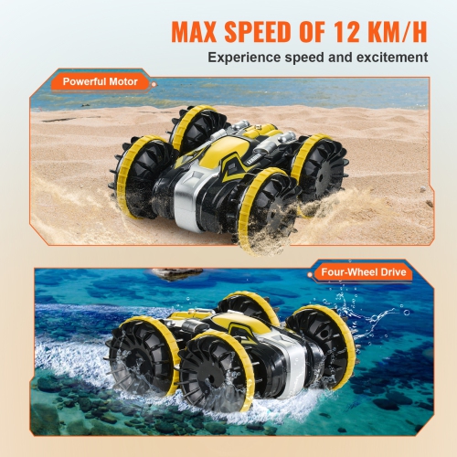 VEVOR Amphibious Remote Control Car Boat, 2.4GHz 12 km/h, 4WD Waterproof RC Car for Kids, 360° Rotating Stunt Car with 2 Batteries, All Terrain Beach