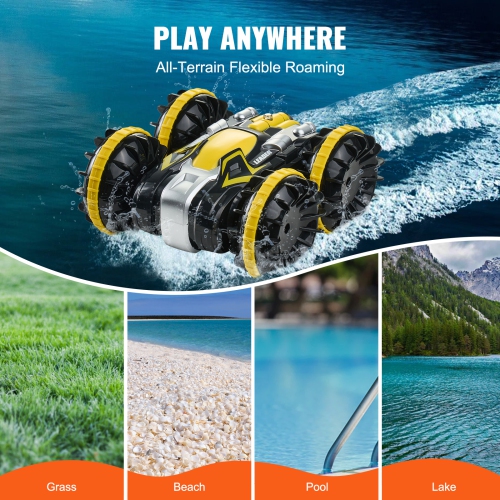 VEVOR Amphibious Remote Control Car Boat, 2.4GHz 12 km/h, 4WD Waterproof RC Car for Kids, 360° Rotating Stunt Car with 2 Batteries, All Terrain Beach
