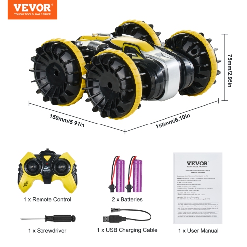 VEVOR Amphibious Remote Control Car Boat, 2.4GHz 12 km/h, 4WD Waterproof RC Car for Kids, 360° Rotating Stunt Car with 2 Batteries, All Terrain Beach