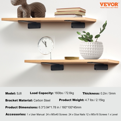 VEVOR 6”L x 4”W x 1.6”H 6 Pcs, Shelf Bracket,Heavy Duty Floating Shelf Brackets, Brackets for Shelves, 5mm Thick Matte Black L Shelf Bracket,Steel