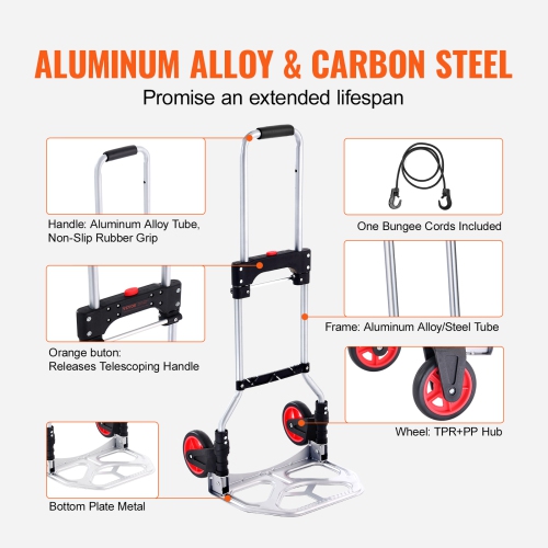 VEVOR 176 lbs Load Capacity,Folding Hand Truck, Aluminum Portable Cart, Convertible Hand Truck and Dolly with Telescoping Handle and Rubber Wheels,