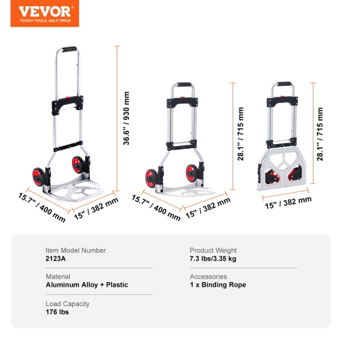 VEVOR 176 lbs Load Capacity,Folding Hand Truck, Aluminum Portable Cart, Convertible Hand Truck and Dolly with Telescoping Handle and Rubber Wheels,