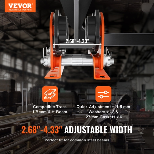 VEVOR 2.68"-4.33" Adjustable Beam Flange Width , Electric Hoist Manual Trolley, 2200 lbs/1 Ton Capacity for PA200 PA250 PA300 PA400 PA500, Push Beam