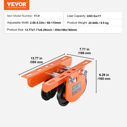 VEVOR 2.68"-4.33" Adjustable Beam Flange Width , Electric Hoist Manual Trolley, 2200 lbs/1 Ton Capacity for PA200 PA250 PA300 PA400 PA500, Push Beam