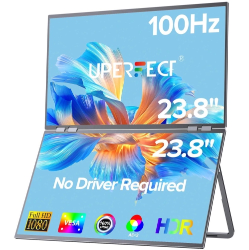 UPERFECT Delta 23.8" 100Hz Dual Monitor Portable Screen Extender with 1080P HDR, 360° Folding, VESA Mount for Laptop, PC, Phone, Game Console