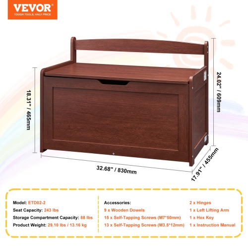 VEVOR 32.68 x 17.91 x 24.02" Toy Chest for Kids, Toddler Toy Storage Box with Lid and Safety Hinge, Large Kids Storage Bench for Playroom, Bedroom,