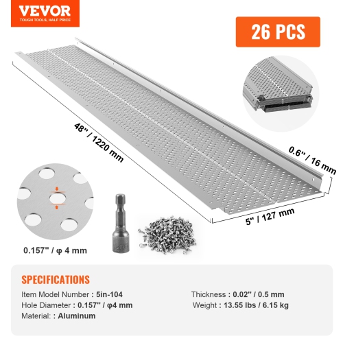 VEVOR Gutter Guard, 5 inch Width, Aluminum Leaf Filter DIY Gutter Cover, 26 PCS 104 ft Total Length, 0.157'' Hole Diameter & 0.02'' Thick Raptor
