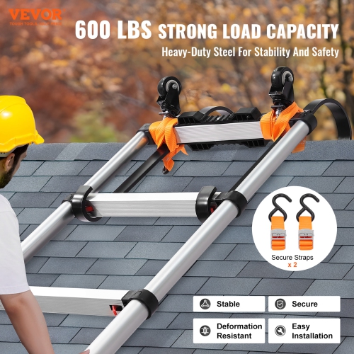 VEVOR Ladder Roof Hook, 2 Pack with Fixed Wheel & Swivel Bar, Wheel Heavy Duty Steel Ladder Stabilizer, Roof Ridge Extension, 600 lbs Weight Rating,