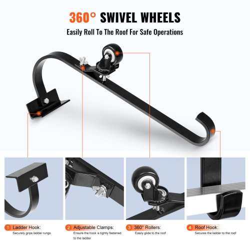 VEVOR Ladder Roof Hook, 2 Pack with Fixed Wheel & Swivel Bar, Wheel Heavy Duty Steel Ladder Stabilizer, Roof Ridge Extension, 600 lbs Weight Rating,