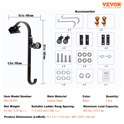 VEVOR Ladder Roof Hook, 2 Pack with Fixed Wheel & Swivel Bar, Wheel Heavy Duty Steel Ladder Stabilizer, Roof Ridge Extension, 600 lbs Weight Rating,