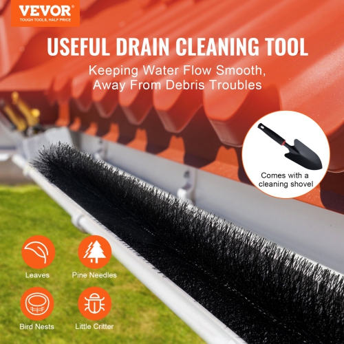 VEVOR Gutter Brush, 60 Feet Total Length 5.25 inch Diameter Gutter Cleaning Tools, Ground-Level Gutter Brush Leaf Guard for 5 Inch Gutters, Easily
