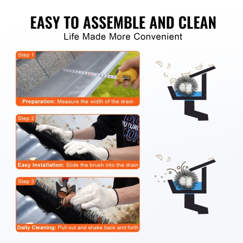 VEVOR Gutter Brush, 60 Feet Total Length 5.25 inch Diameter Gutter Cleaning Tools, Ground-Level Gutter Brush Leaf Guard for 5 Inch Gutters, Easily