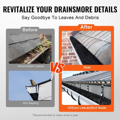 VEVOR Gutter Brush, 60 Feet Total Length 5.25 inch Diameter Gutter Cleaning Tools, Ground-Level Gutter Brush Leaf Guard for 5 Inch Gutters, Easily