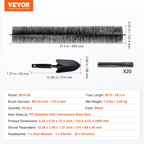 VEVOR Gutter Brush, 60 Feet Total Length 5.25 inch Diameter Gutter Cleaning Tools, Ground-Level Gutter Brush Leaf Guard for 5 Inch Gutters, Easily