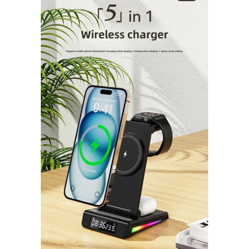 Chargeur sans fil repliable à absorption magnétique avec réveille-matin et chargeur numérique sans fil pour téléphone cellulaire à recharge rapide de