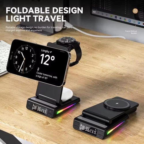 Chargeur sans fil repliable à absorption magnétique avec réveille-matin et chargeur numérique sans fil pour téléphone cellulaire à recharge rapide de