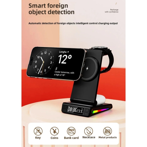 Chargeur sans fil repliable à absorption magnétique avec réveille-matin et chargeur numérique sans fil pour téléphone cellulaire à recharge rapide de