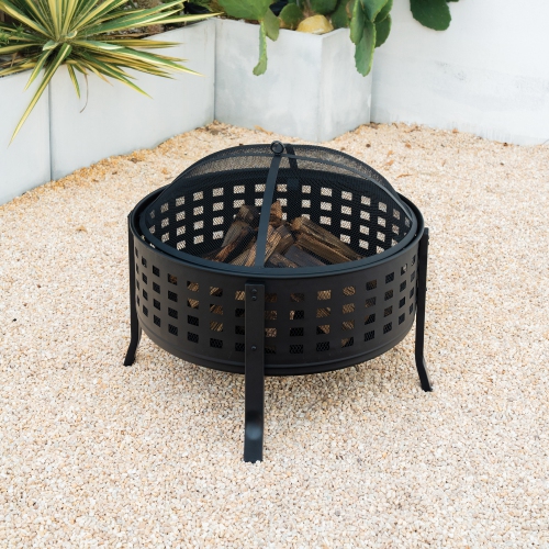 Deko Living 27 Inch Round Outdoor Steel Wood Burning Fire Pit with Cooking Grill and Spark Screen