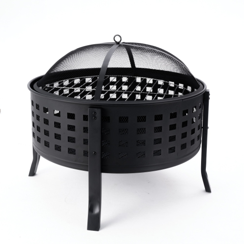 Deko Living 27 Inch Round Outdoor Steel Wood Burning Fire Pit with Cooking Grill and Spark Screen