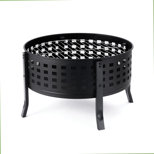 Deko Living 27 Inch Round Outdoor Steel Wood Burning Fire Pit with Cooking Grill and Spark Screen