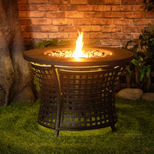 Deko Living Round Outdoor Propane Gas Fire Pit Table 8,000 BTU Propane with Lava Rock Filler
