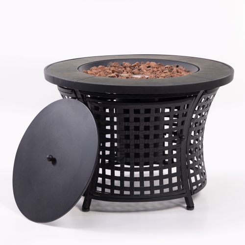 Deko Living Round Outdoor Propane Gas Fire Pit Table 8,000 BTU Propane with Lava Rock Filler