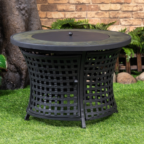 Deko Living Round Outdoor Propane Gas Fire Pit Table 8,000 BTU Propane with Lava Rock Filler