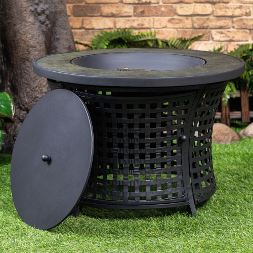 Deko Living Round Outdoor Propane Gas Fire Pit Table 8,000 BTU Propane with Lava Rock Filler