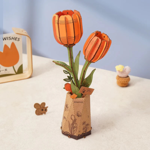 Robotime 76-Pieces 3D Wooden Puzzle DIY Wooden Orange Tulip