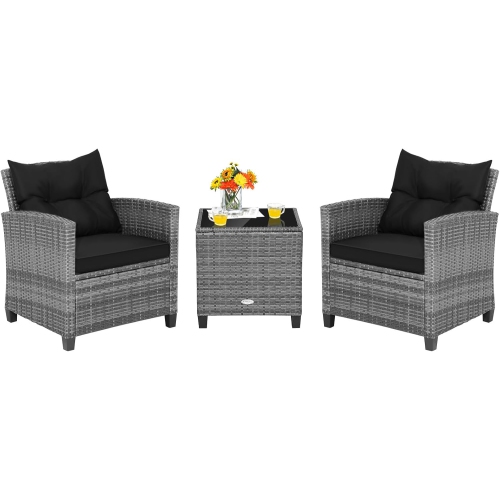 3 Pieces Patio Furniture Set, Outdoor PE Rattan Conversation Chair Set with Tempered Glass Side Table and Removable Cushions