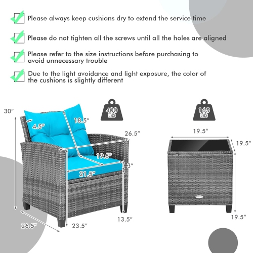 3 Pieces Patio Furniture Set, Outdoor PE Rattan Conversation Chair Set with Tempered Glass Side Table and Removable Cushions