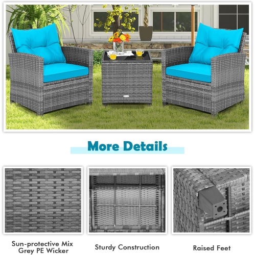 3 Pieces Patio Furniture Set, Outdoor PE Rattan Conversation Chair Set with Tempered Glass Side Table and Removable Cushions
