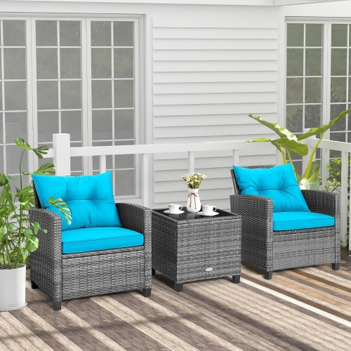 3 Pieces Patio Furniture Set, Outdoor PE Rattan Conversation Chair Set with Tempered Glass Side Table and Removable Cushions