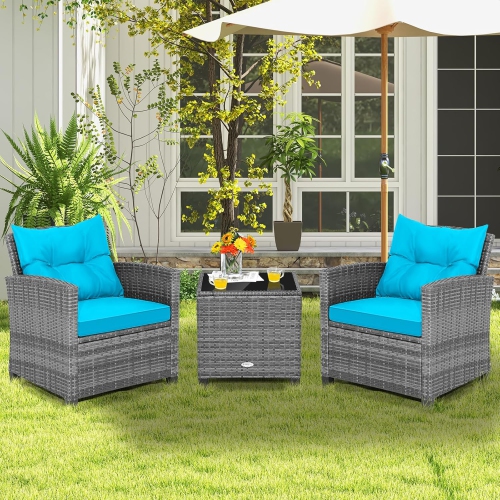PRISMI  3 Pieces Patio Furniture Set, Outdoor Pe Rattan Conversation Chair Set With Tempered Glass Side Table And Removable Cushions