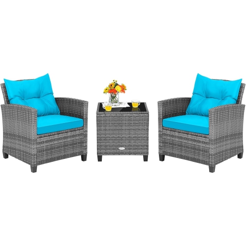 3 Pieces Patio Furniture Set, Outdoor PE Rattan Conversation Chair Set with Tempered Glass Side Table and Removable Cushions