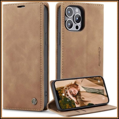Image 1 de 9.. SUPER AFFAIRE - Étui portefeuille anti-chute rétro en cuir fait à la main de CaseMe Étui portefeuille avec fente pour carte pour iPhone 15 PRO