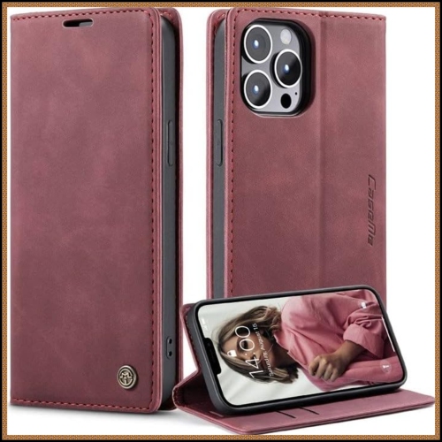 Image 1 de 9.. SUPER AFFAIRE - Étui portefeuille anti-chute rétro en cuir fait à la main de CaseMe Étui portefeuille avec fente pour carte pour iPhone 15 PRO