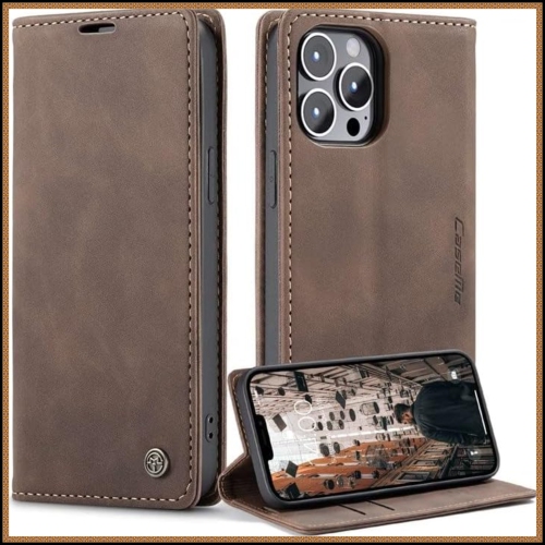 Image 1 de 9.. SUPER AFFAIRE - Étui portefeuille anti-chute rétro en cuir fait à la main de CaseMe Étui portefeuille avec fente pour carte pour iPhone 15 PRO