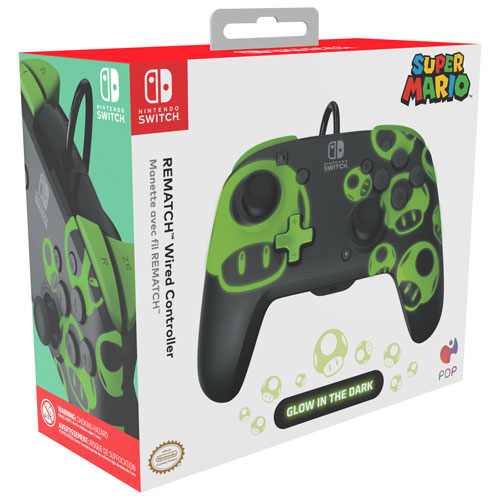 Manette avec fil REMATCH Glow de PDP pour Switch - Champignon 1 Up