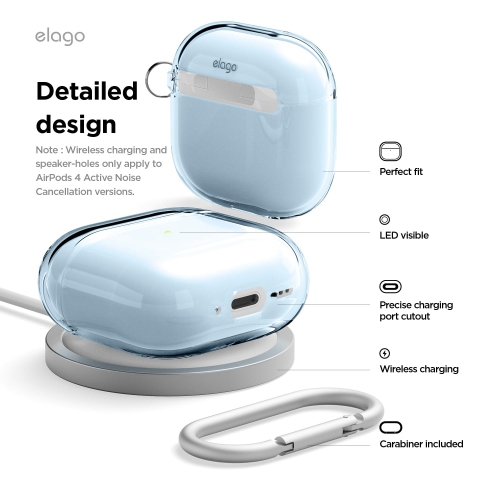 Étui transparent Elago compatible avec les AirPods 4 - Mousqueton inclus, jaunissement réduit, chargement sans fil, résistance aux chocs, protection