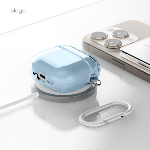 Étui transparent Elago compatible avec les AirPods 4 - Mousqueton inclus, jaunissement réduit, chargement sans fil, résistance aux chocs, protection