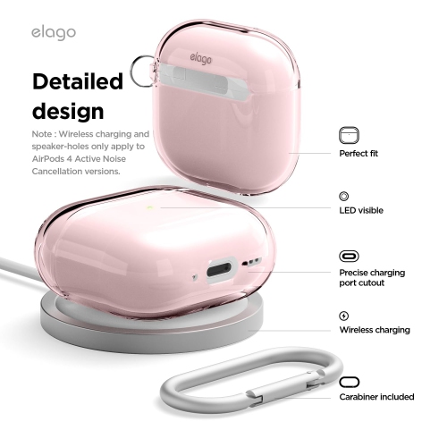 elago Clear Case Compatible with AirPods 4 Case - Carabiner Included, Reduced Yellowing, Wireless Charging, Shock Resistant, Full Protection