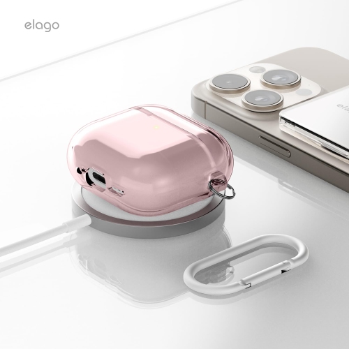 elago Clear Case Compatible with AirPods 4 Case - Carabiner Included, Reduced Yellowing, Wireless Charging, Shock Resistant, Full Protection