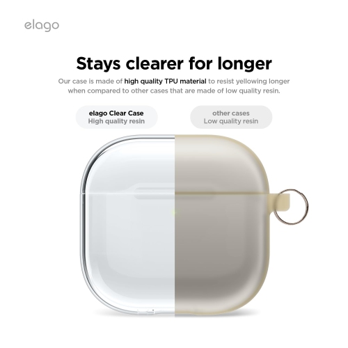 Étui transparent Elago compatible avec les AirPods 4 - Mousqueton inclus, jaunissement réduit, chargement sans fil, résistance aux chocs, protection