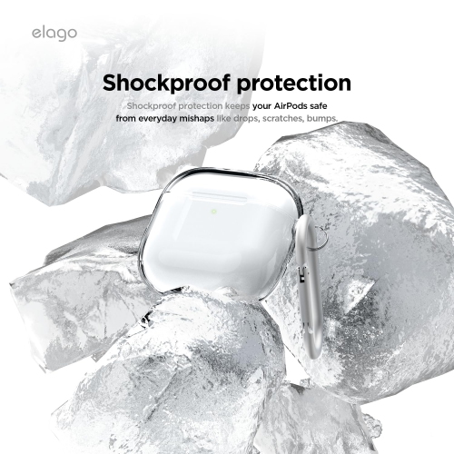 Étui transparent Elago compatible avec les AirPods 4 - Mousqueton inclus, jaunissement réduit, chargement sans fil, résistance aux chocs, protection