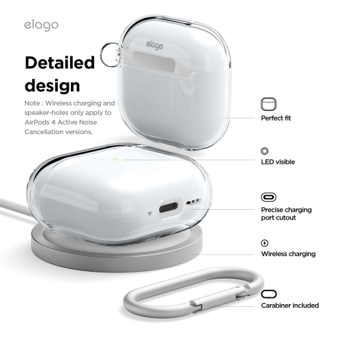 Étui transparent Elago compatible avec les AirPods 4 - Mousqueton inclus, jaunissement réduit, chargement sans fil, résistance aux chocs, protection