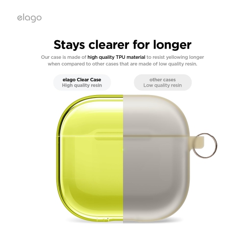 elago Clear Case Compatible with AirPods 4 Case - Carabiner Included, Reduced Yellowing, Wireless Charging, Shock Resistant, Full Protection