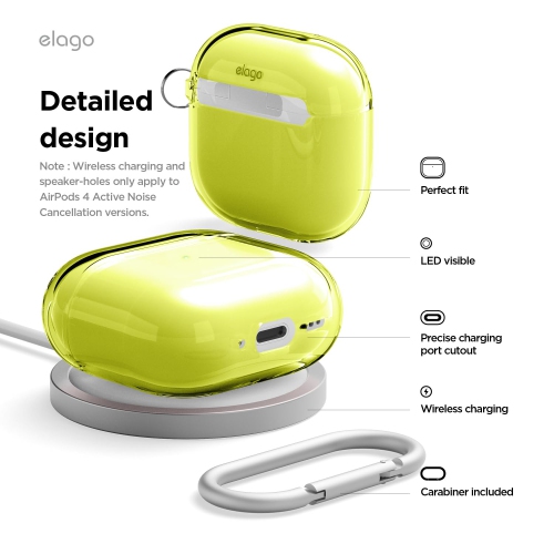 elago Clear Case Compatible with AirPods 4 Case - Carabiner Included, Reduced Yellowing, Wireless Charging, Shock Resistant, Full Protection